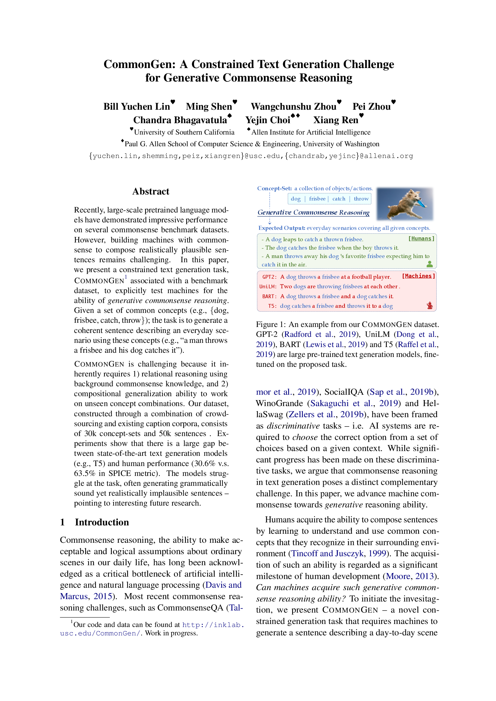 CommonGen: A Constrained Text Generation Challenge for Generative Commonsense Reasoning