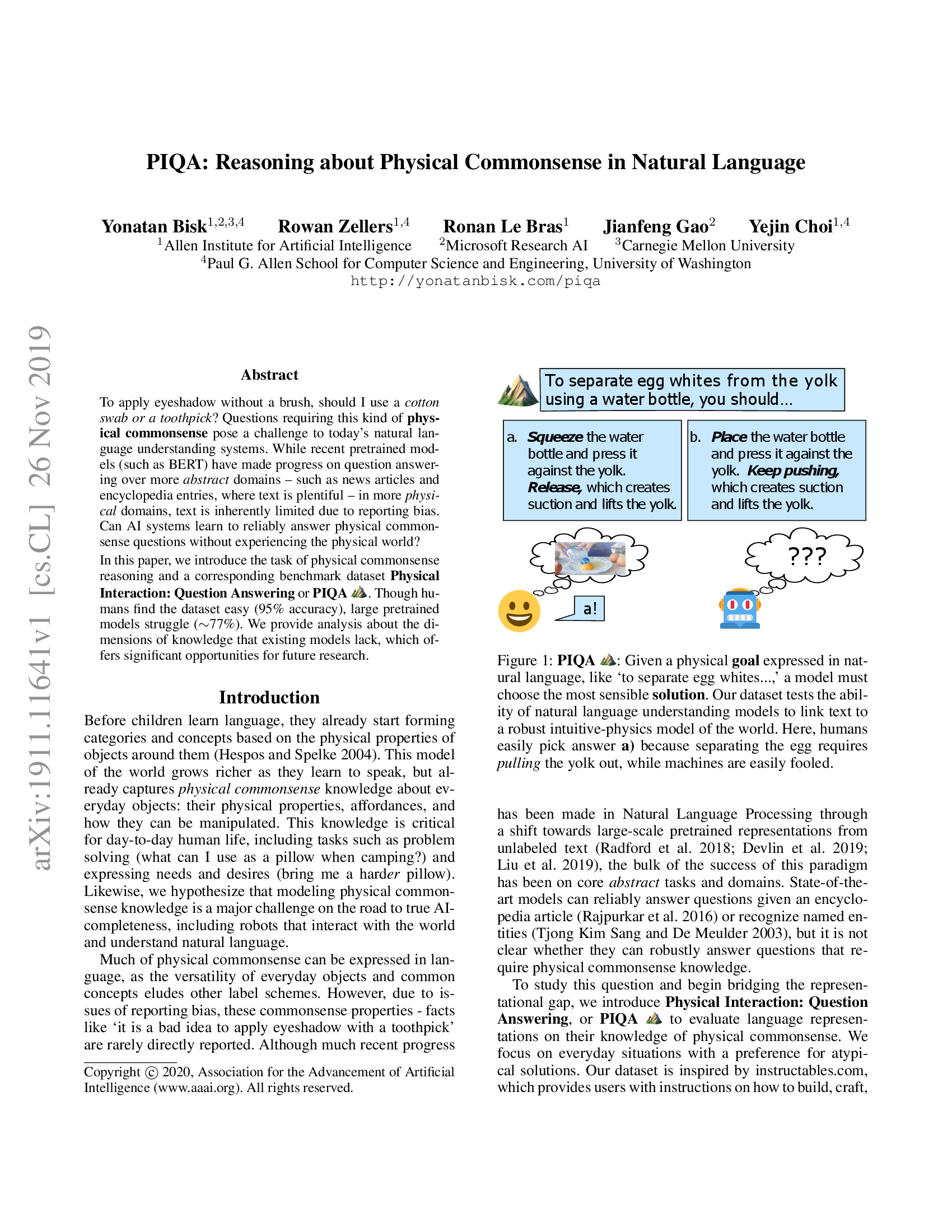 PIQA: Reasoning about Physical Commonsense in Natural Language
