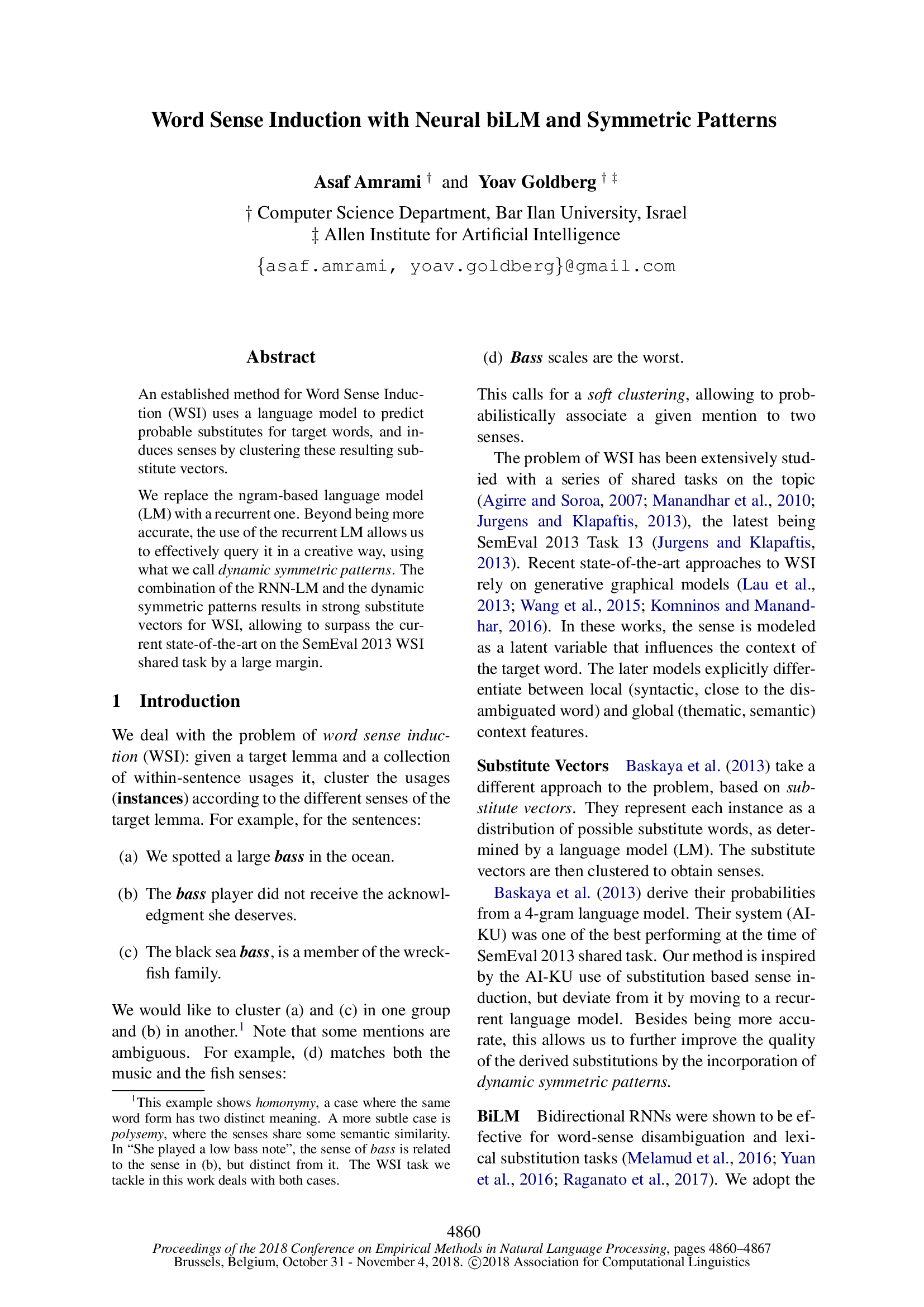 Word Sense Induction with Neural biLM and Symmetric Patterns