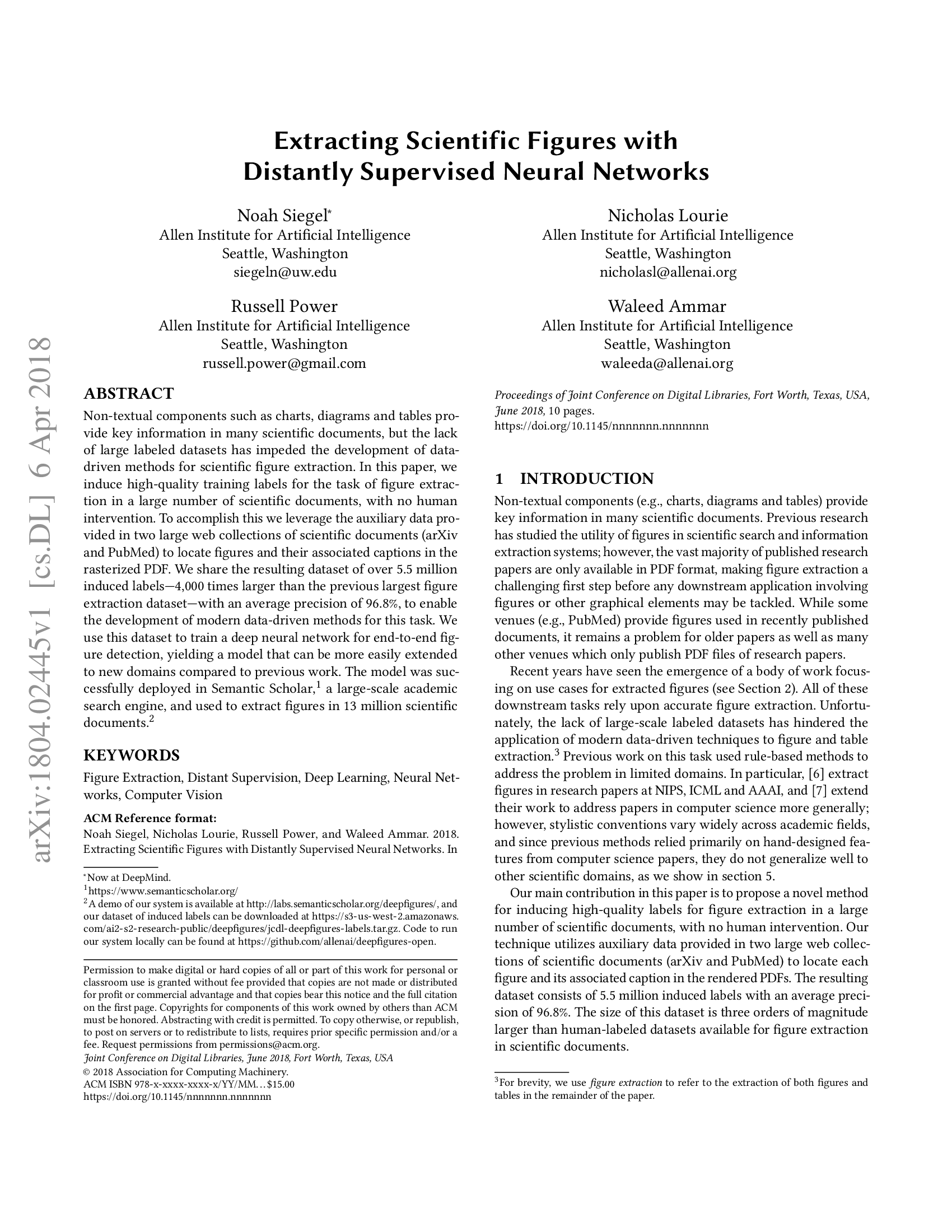 Extracting Scientific Figures with Distantly Supervised Neural Networks