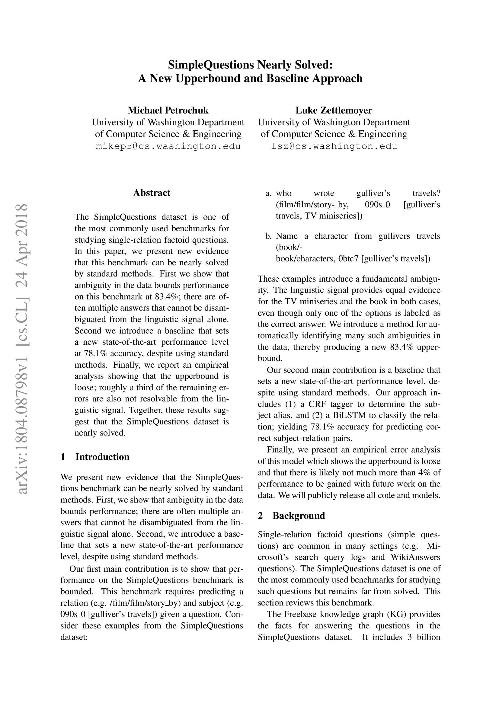 SimpleQuestions Nearly Solved: A New Upperbound and Baseline Approach