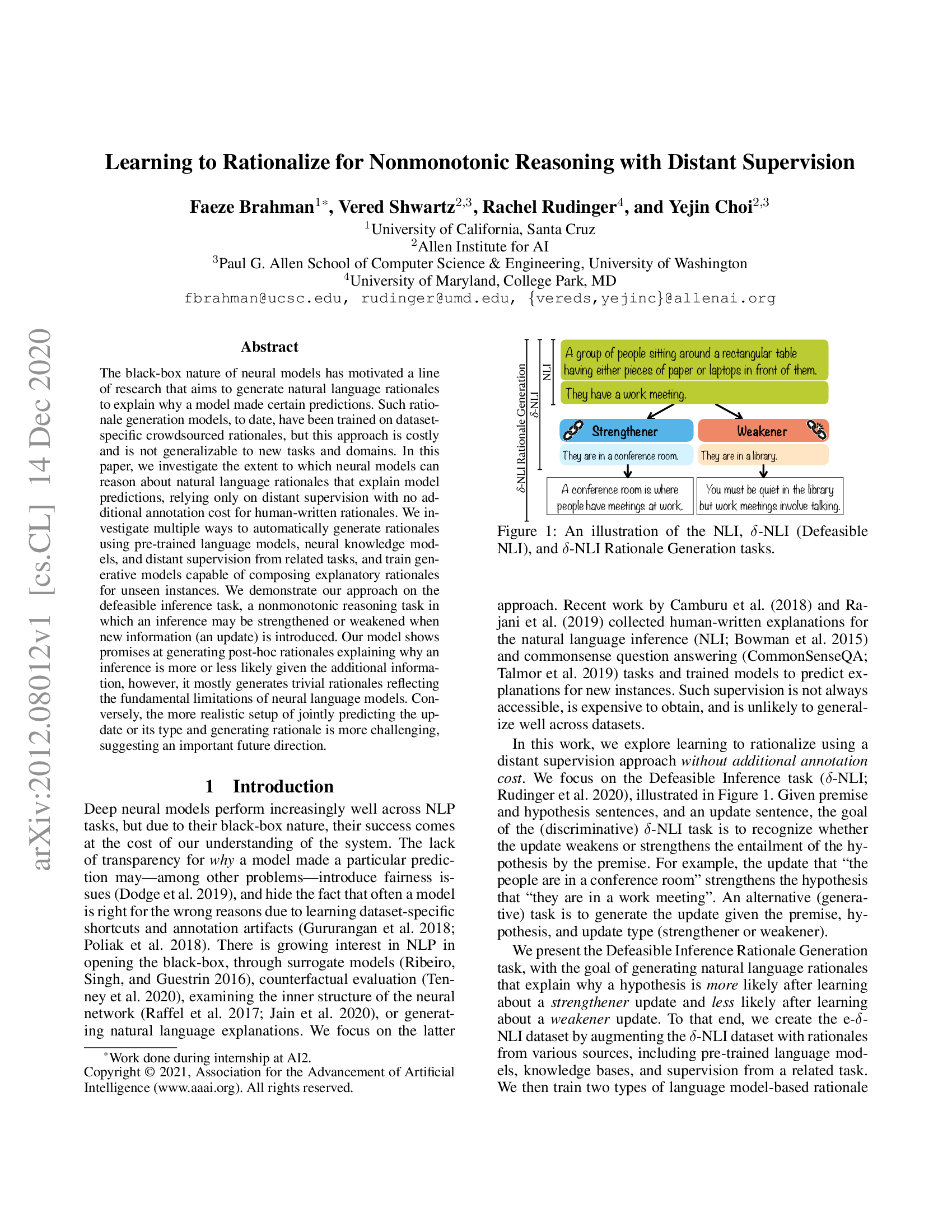 Learning to Rationalize for Nonmonotonic Reasoning with Distant Supervision