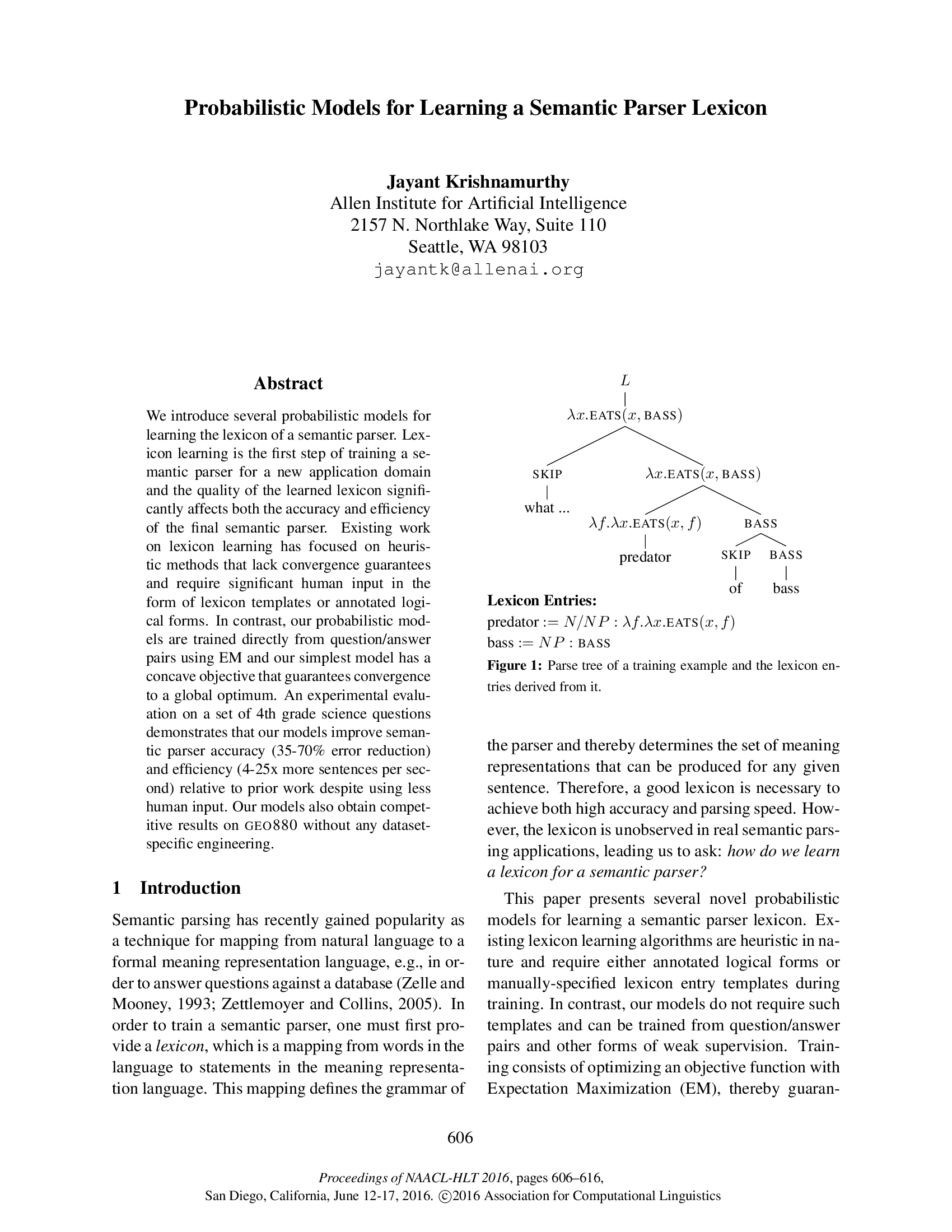 Probabilistic Models for Learning a Semantic Parser Lexicon