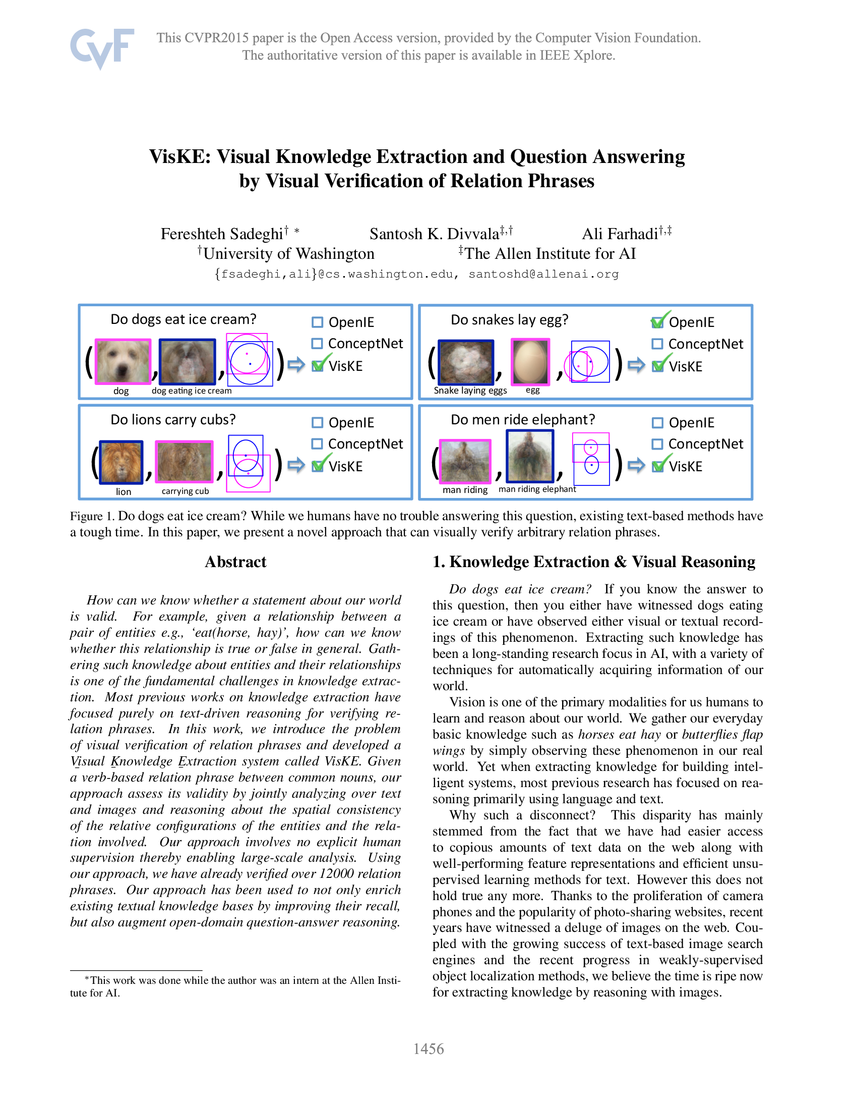VisKE: Visual knowledge extraction and question answering by visual verification of relation phrases