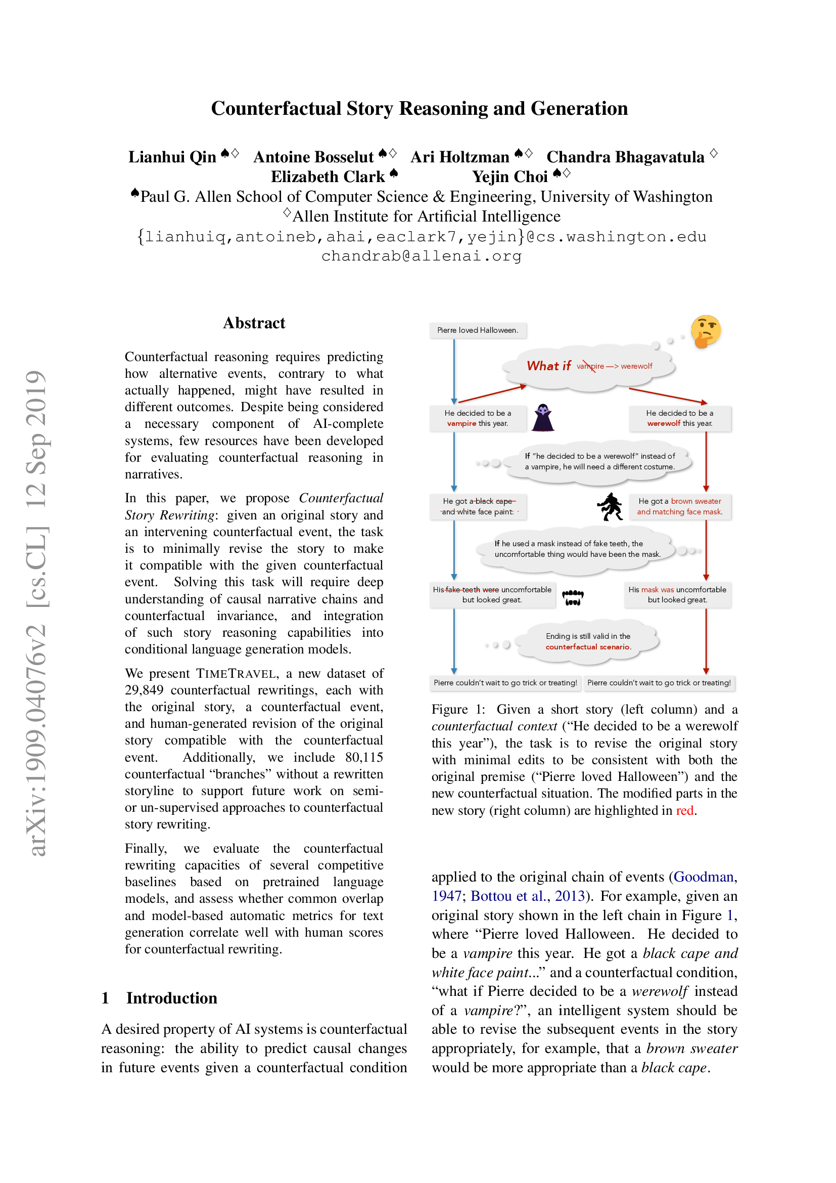 Counterfactual Story Reasoning and Generation