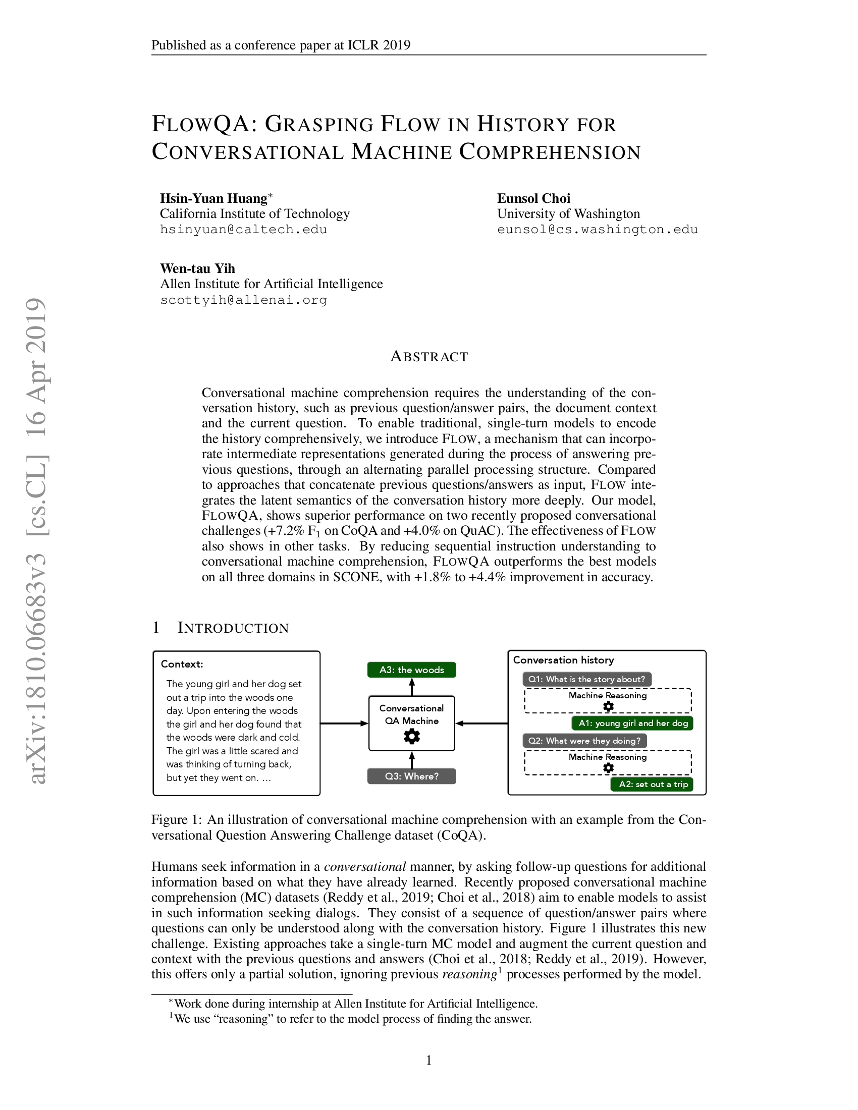 FlowQA: Grasping Flow in History for Conversational Machine Comprehension