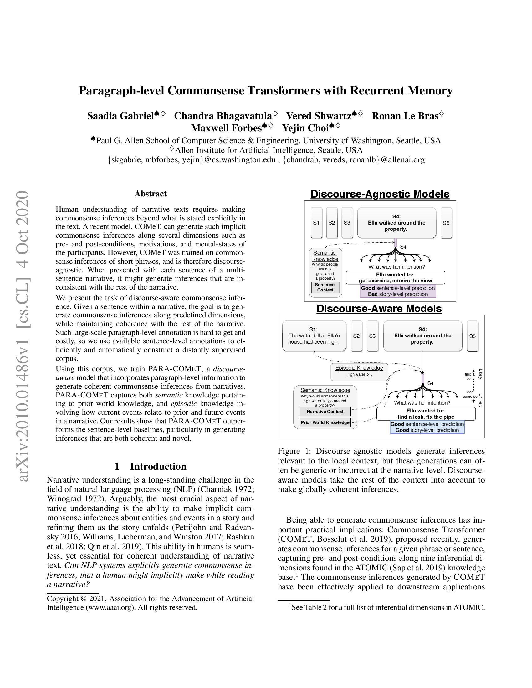 Paragraph-Level Commonsense Transformers with Recurrent Memory