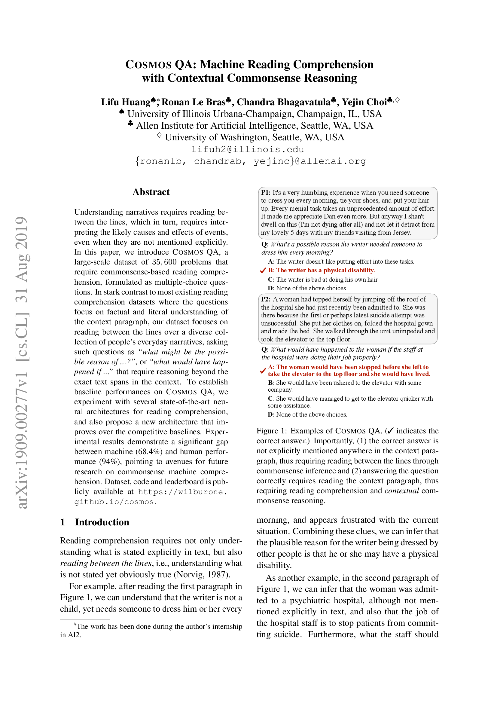 Cosmos QA: Machine Reading Comprehension with Contextual Commonsense Reasoning