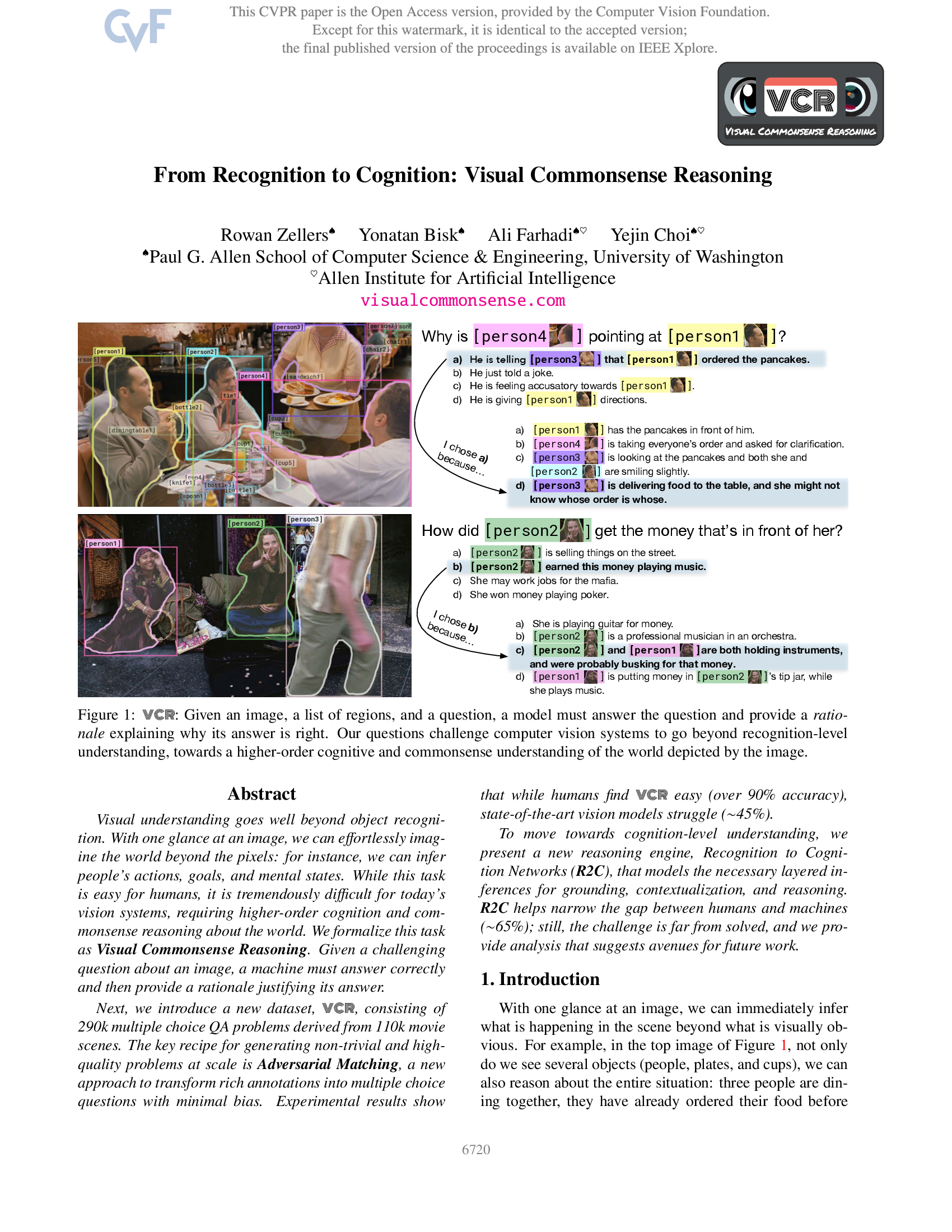 From Recognition to Cognition: Visual Commonsense Reasoning