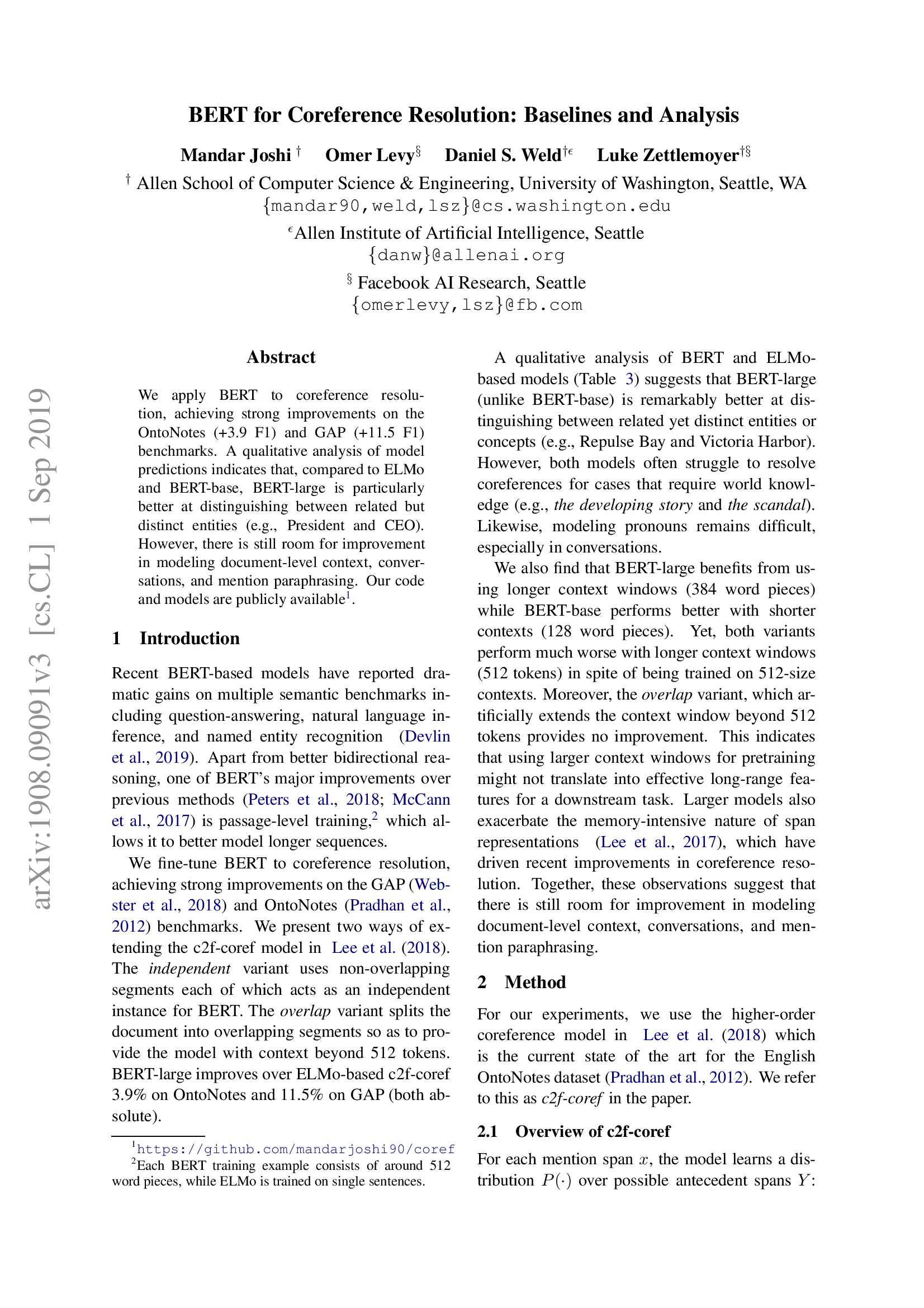 BERT for Coreference Resolution: Baselines and Analysis