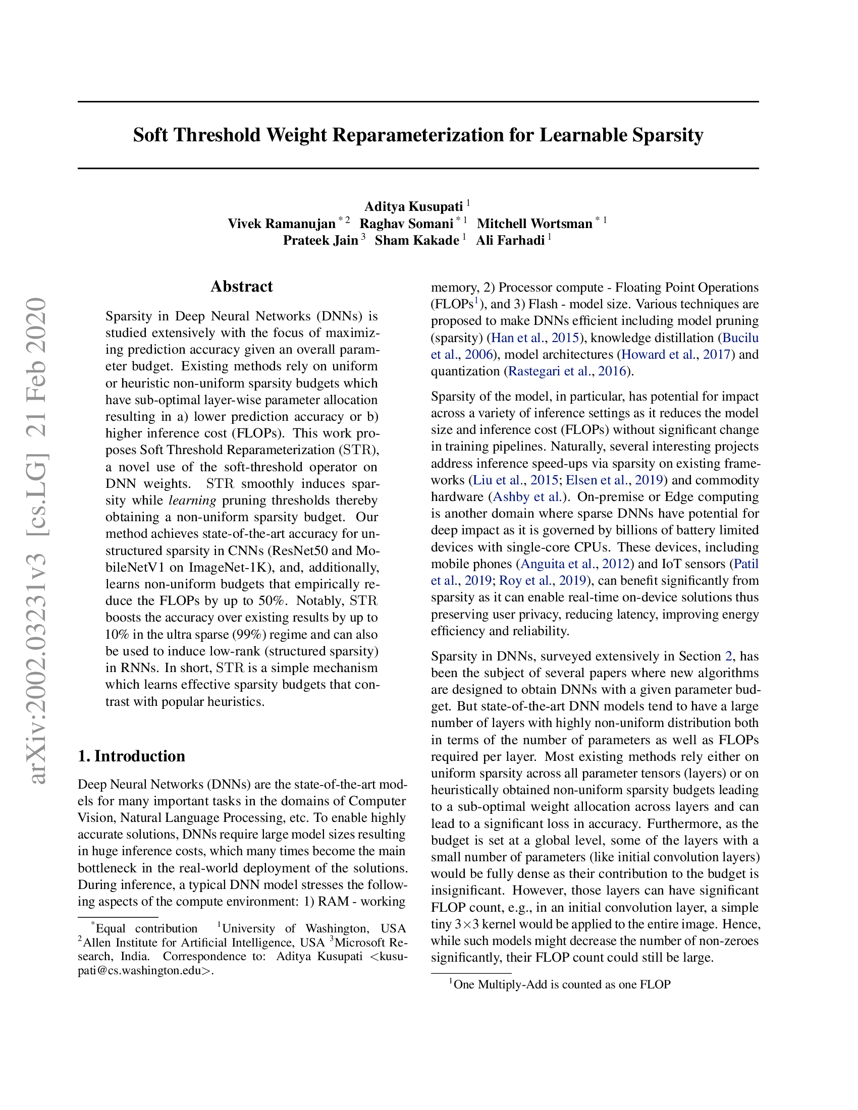 Soft Threshold Weight Reparameterization for Learnable Sparsity