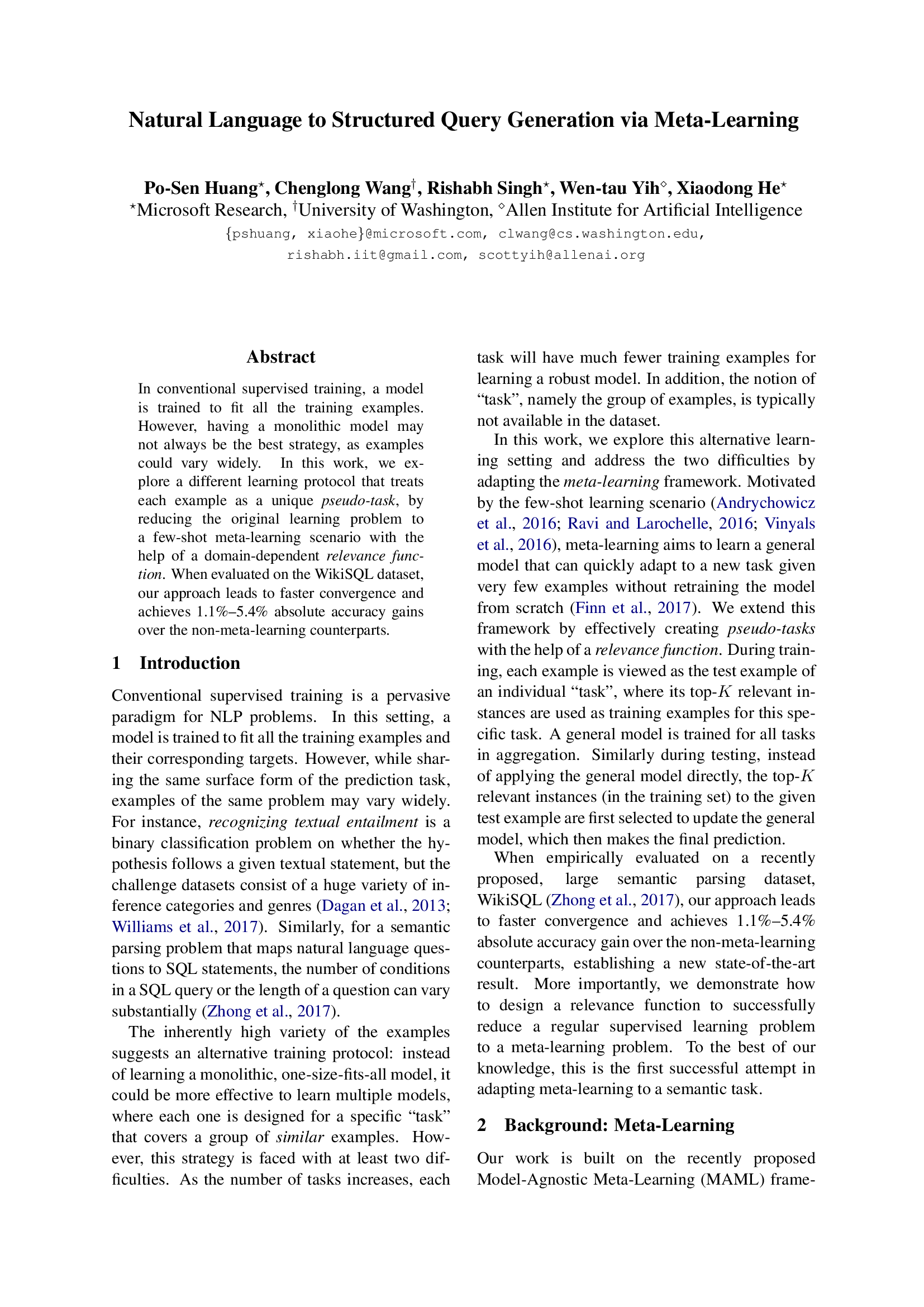 Natural Language to Structured Query Generation via Meta-Learning