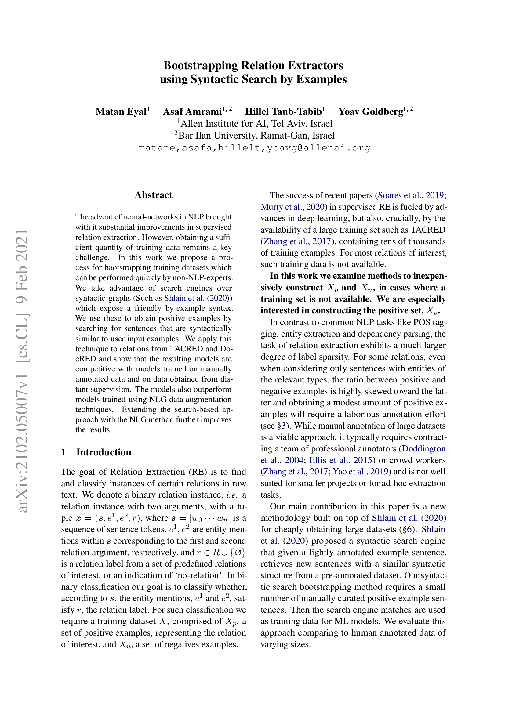 Bootstrapping Relation Extractors using Syntactic Search by Examples