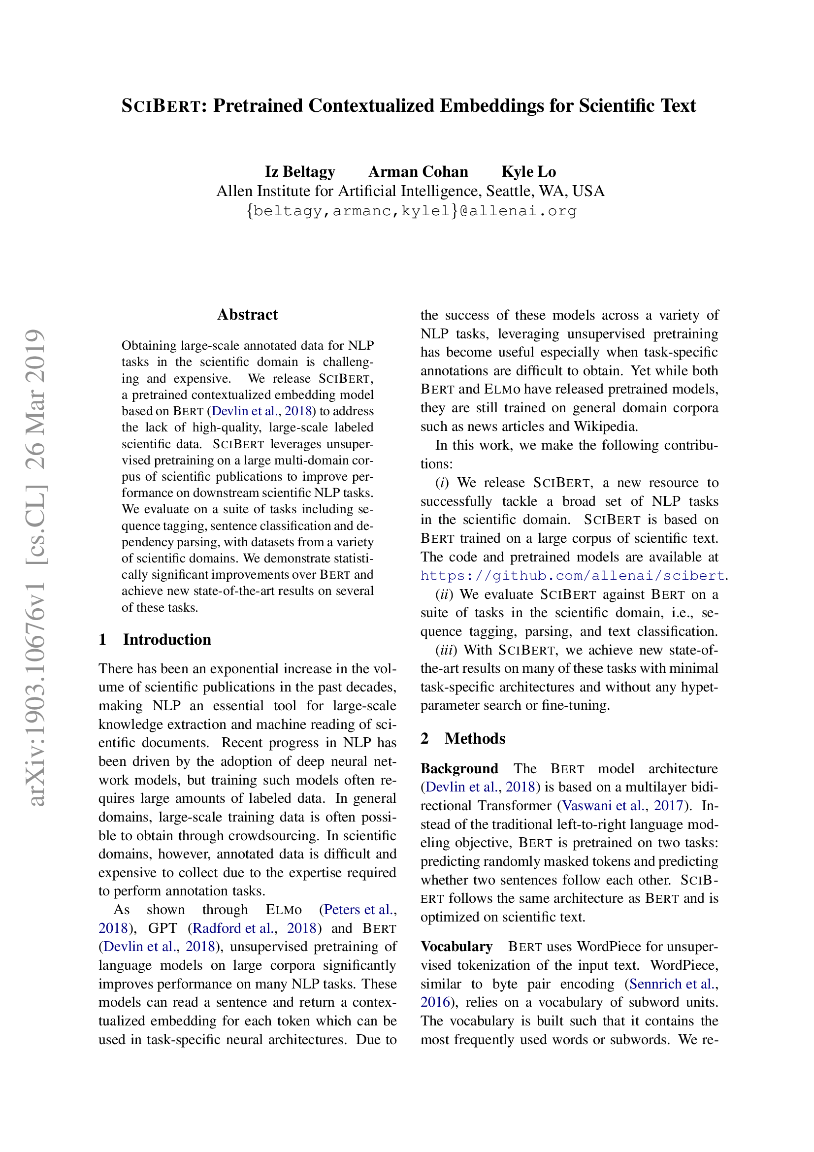 SciBERT: Pretrained Contextualized Embeddings for Scientific Text