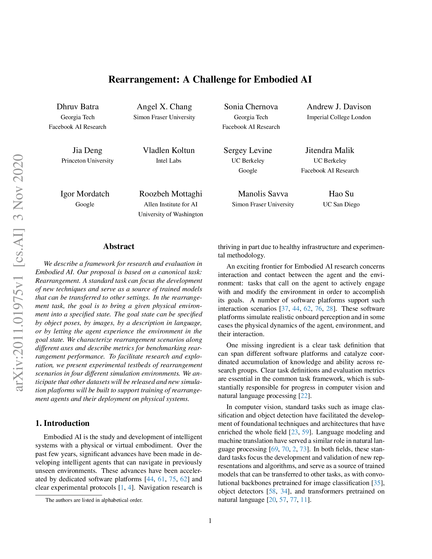 Rearrangement: A Challenge for Embodied AI