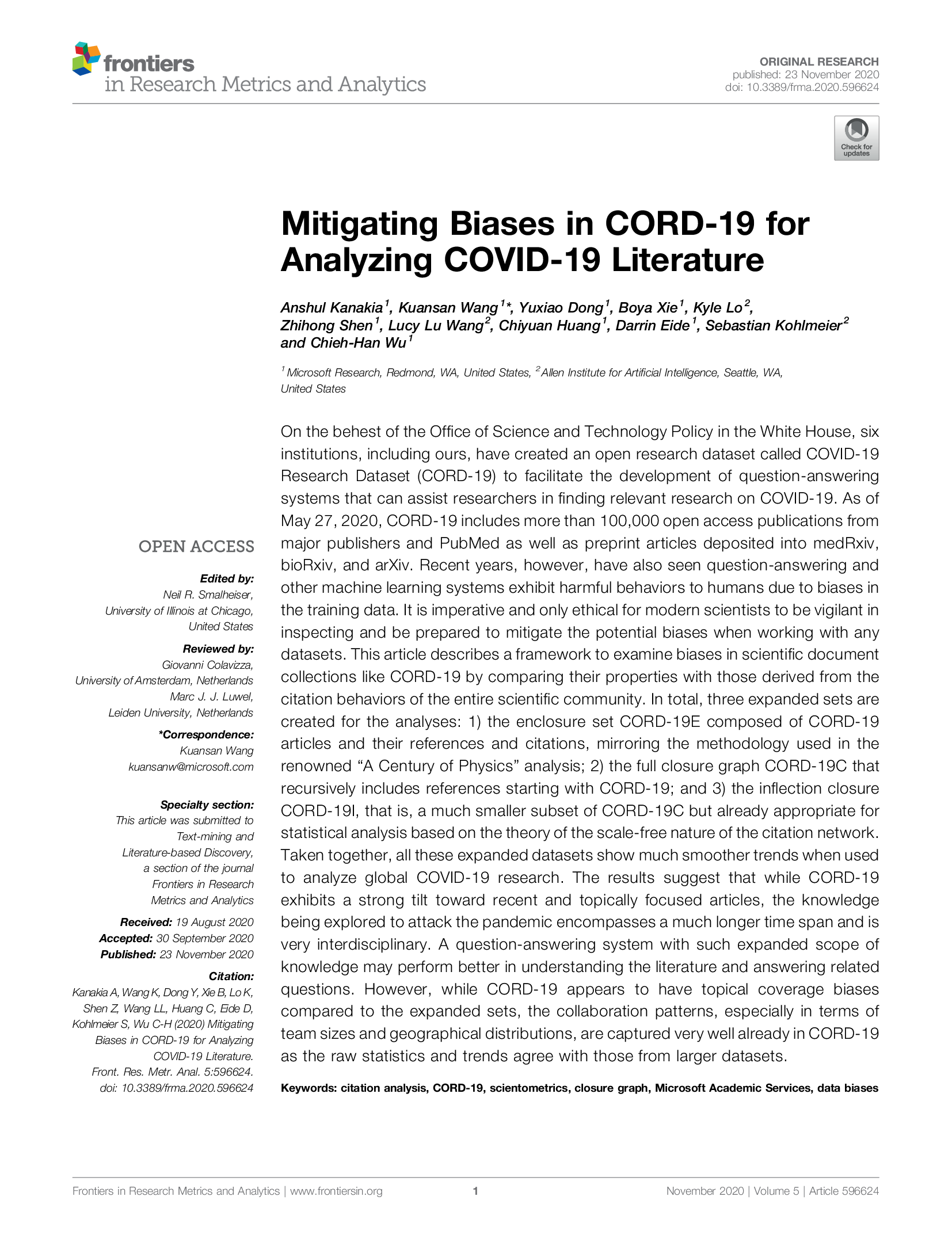 Mitigating Biases in CORD-19 for Analyzing COVID-19 Literature