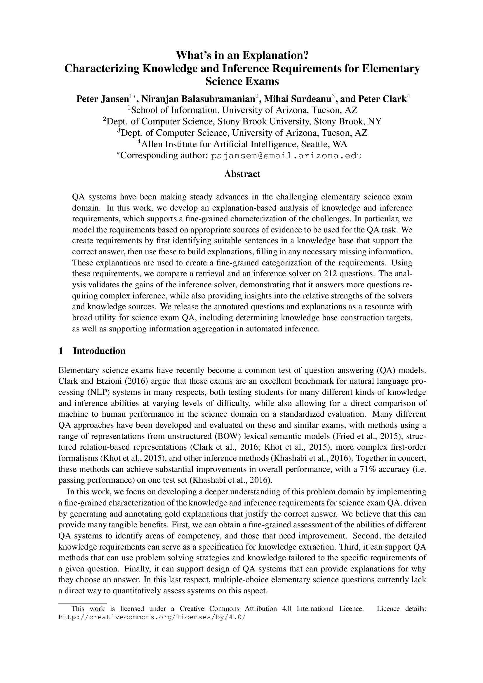 What’s in an Explanation? Characterizing Knowledge and Inference Requirements for Elementary Science Exams