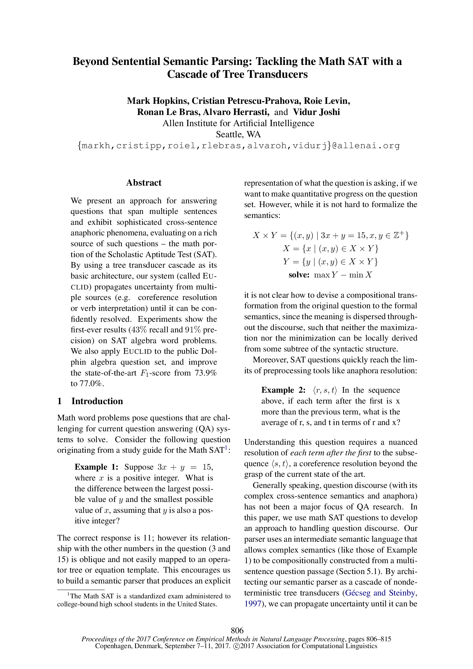 Beyond Sentential Semantic Parsing: Tackling the Math SAT with a Cascade of Tree Transducers