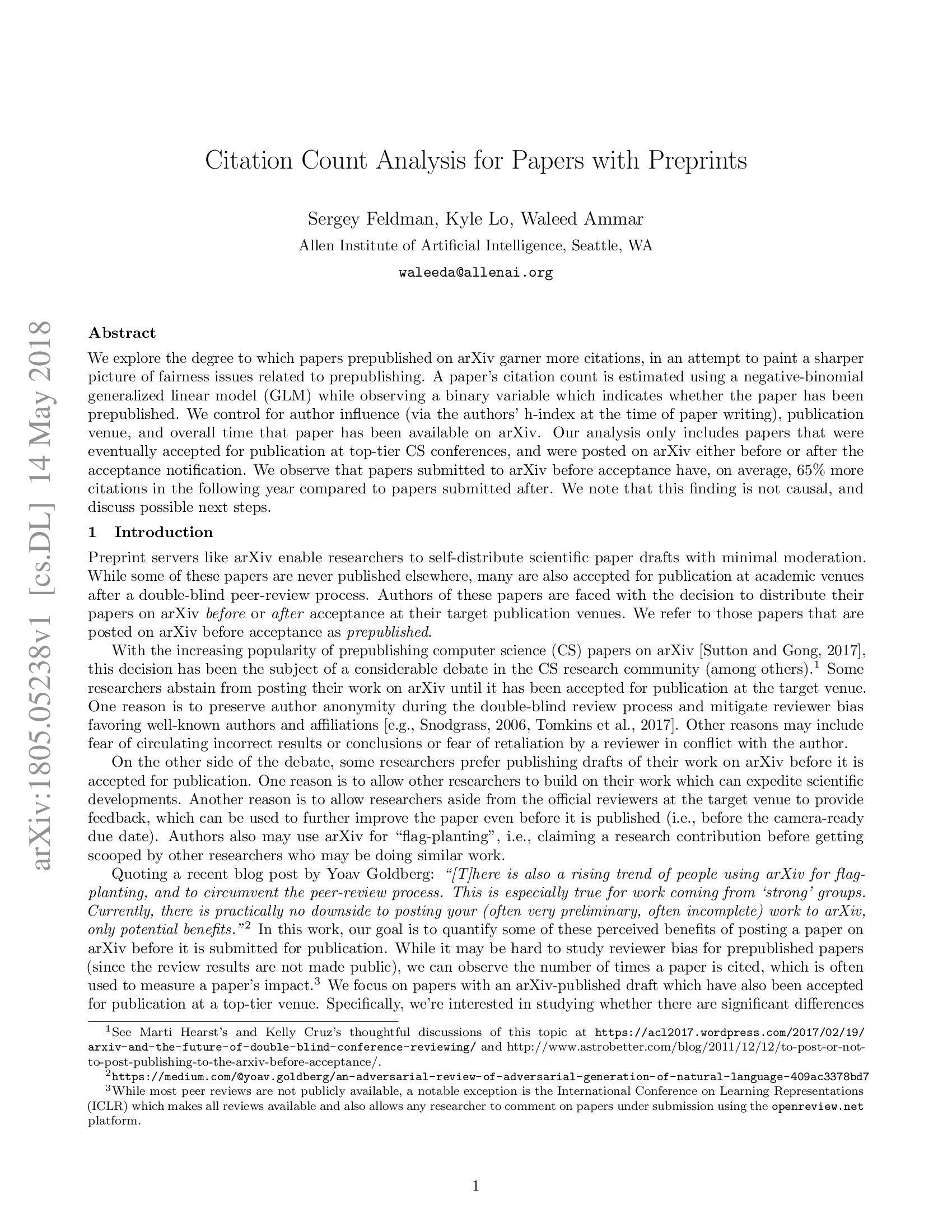Citation Count Analysis for Papers with Preprints