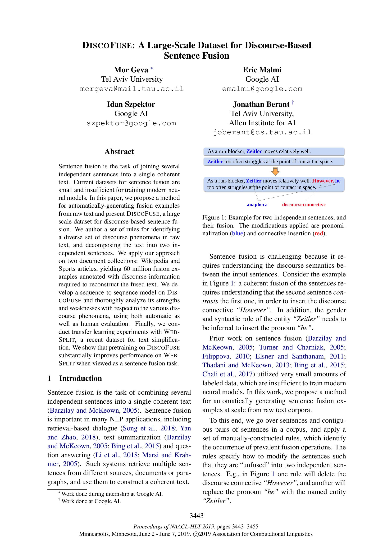 DiscoFuse: A Large-Scale Dataset for Discourse-Based Sentence Fusion