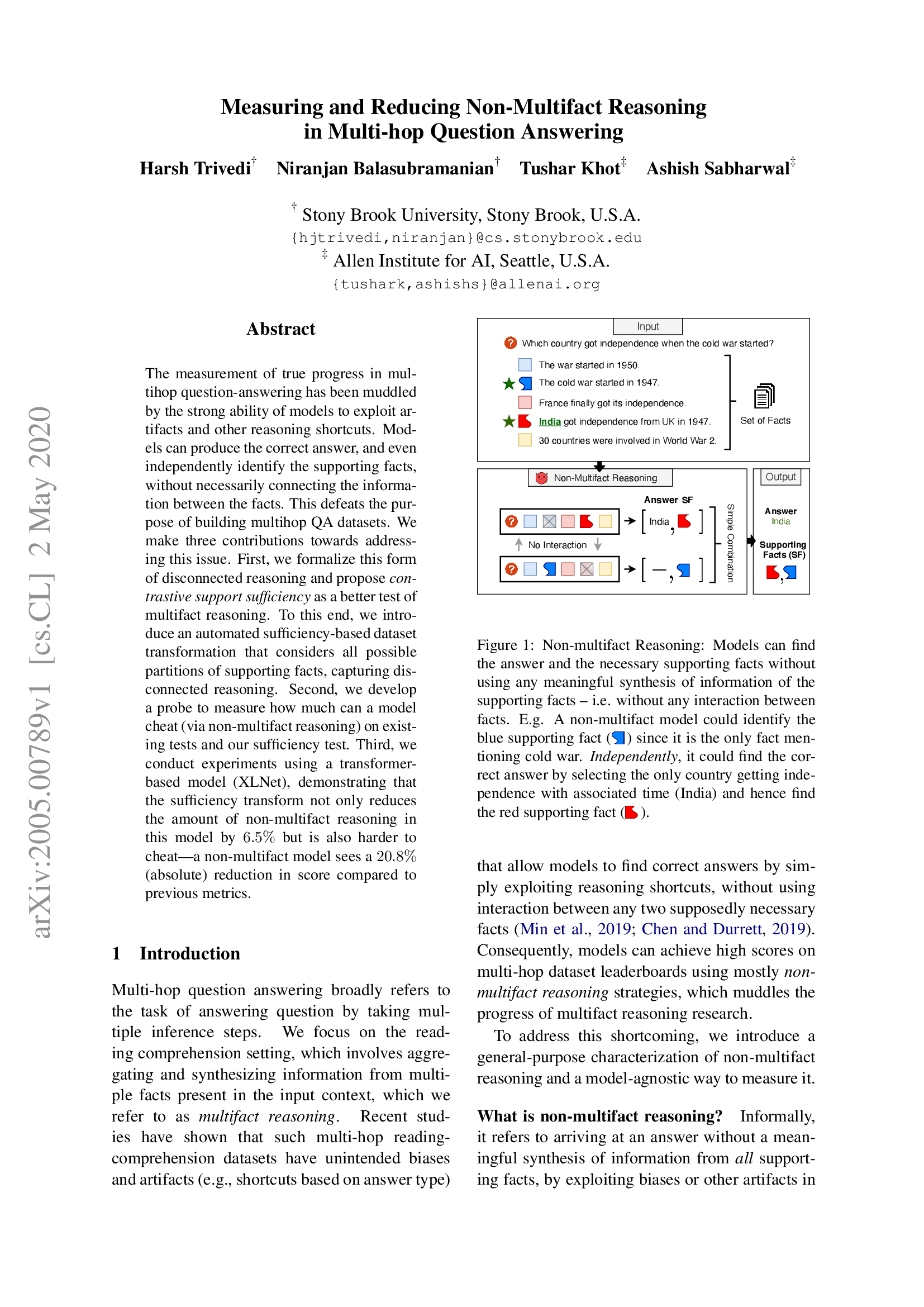 Measuring and Reducing Non-Multifact Reasoning in Multi-hop Question Answering