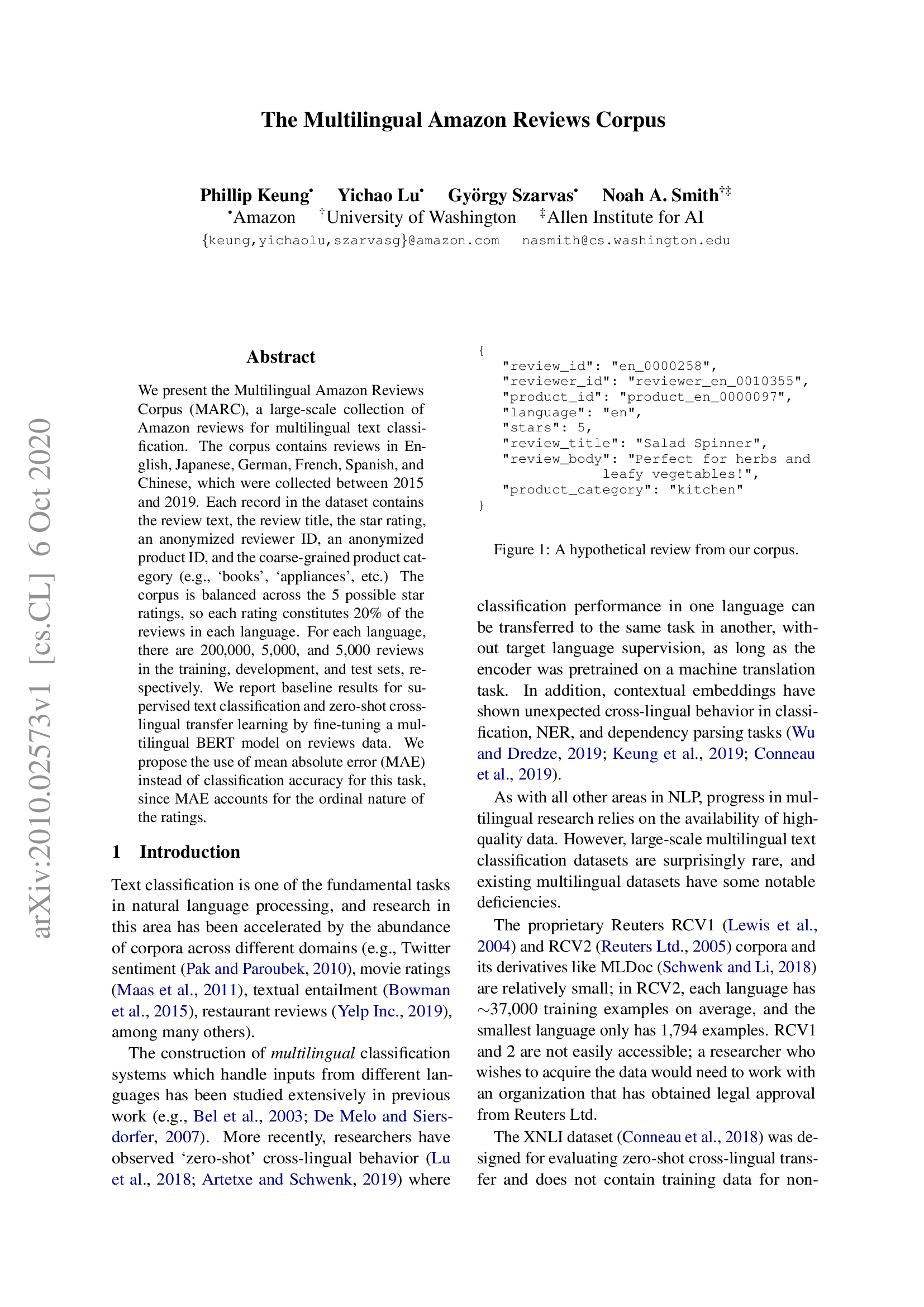 The Multilingual Amazon Reviews Corpus