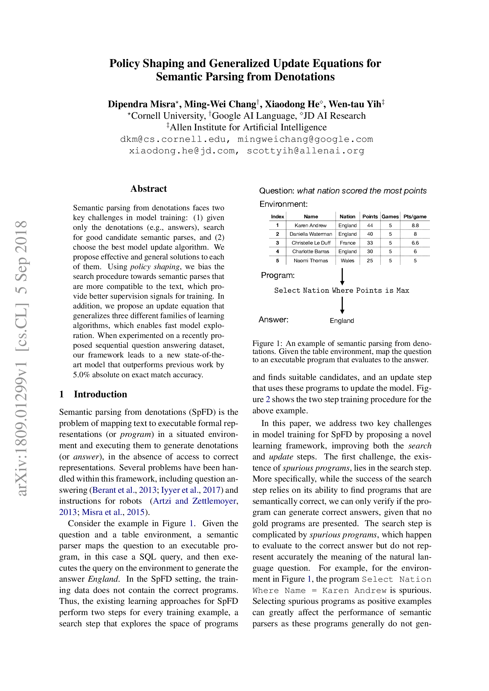 Policy Shaping and Generalized Update Equations for Semantic Parsing from Denotations