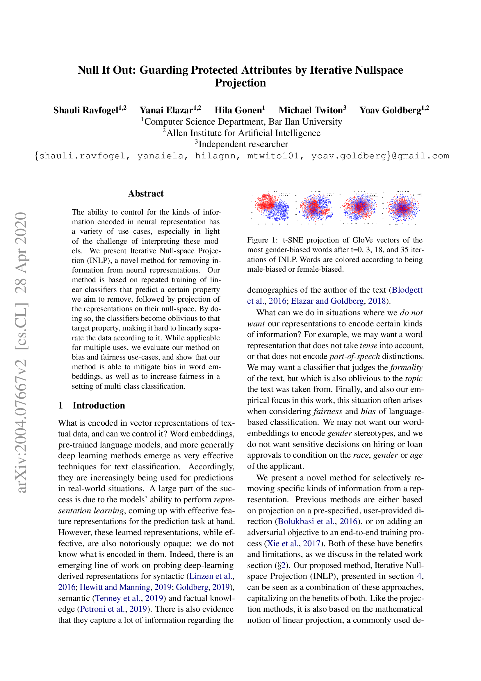 Null It Out: Guarding Protected Attributes by Iterative Nullspace Projection