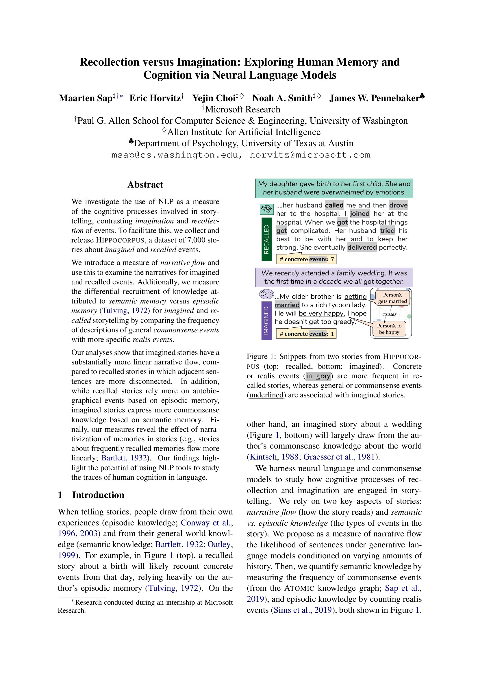 Recollection versus Imagination: Exploring Human Memory and Cognition via Neural Language Models