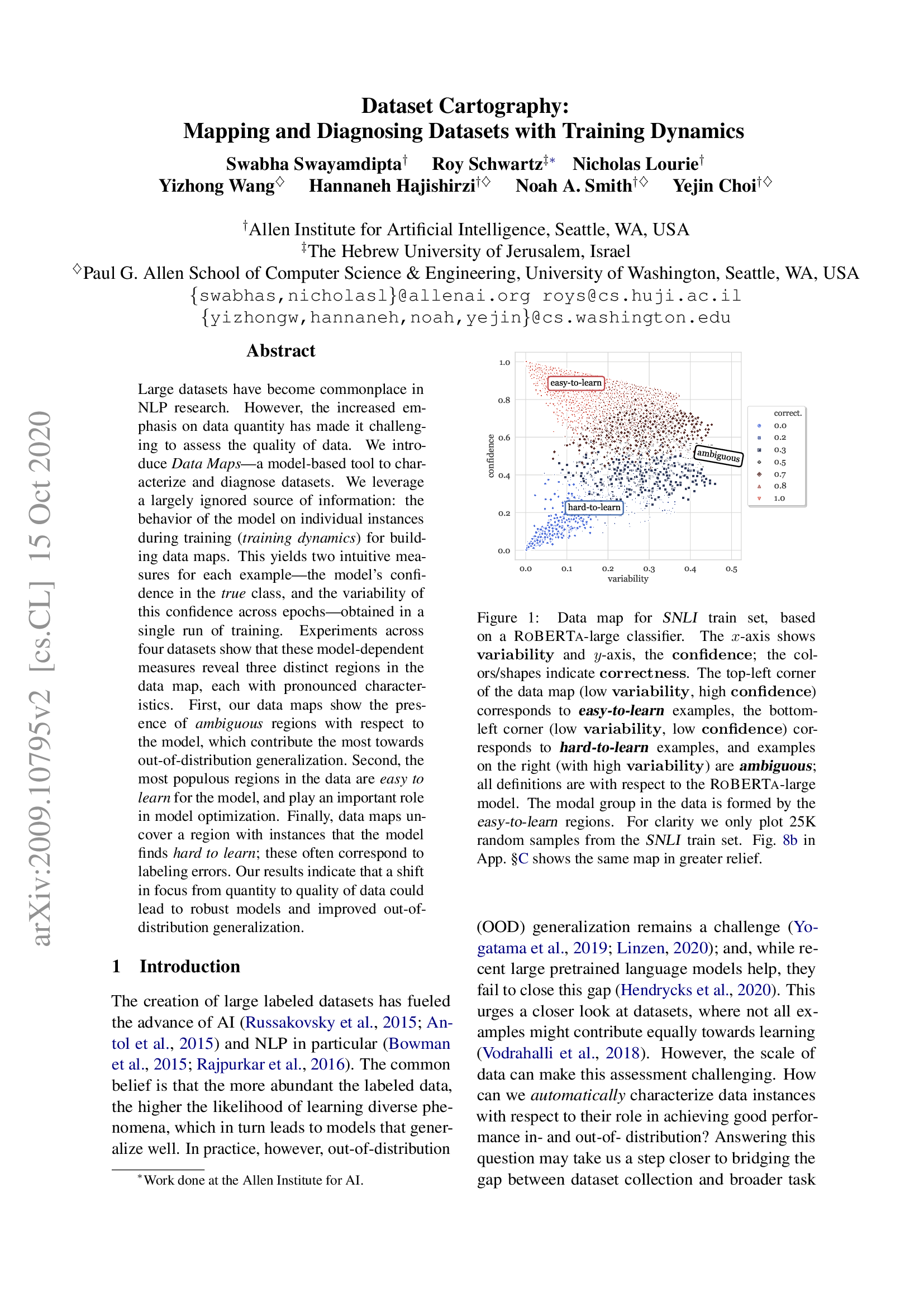 Dataset Cartography: Mapping and Diagnosing Datasets with Training Dynamics