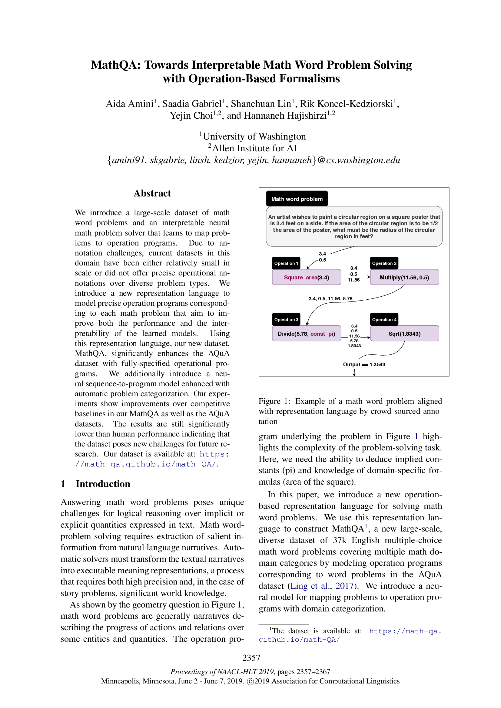 MathQA: Towards Interpretable Math Word Problem Solving with Operation-Based Formalisms