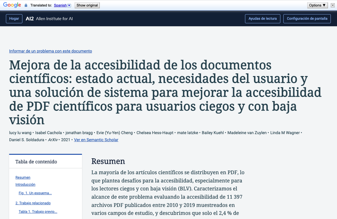 A screenshot of an example paper being translated into Spanish using the Google Translate Chrome extension.